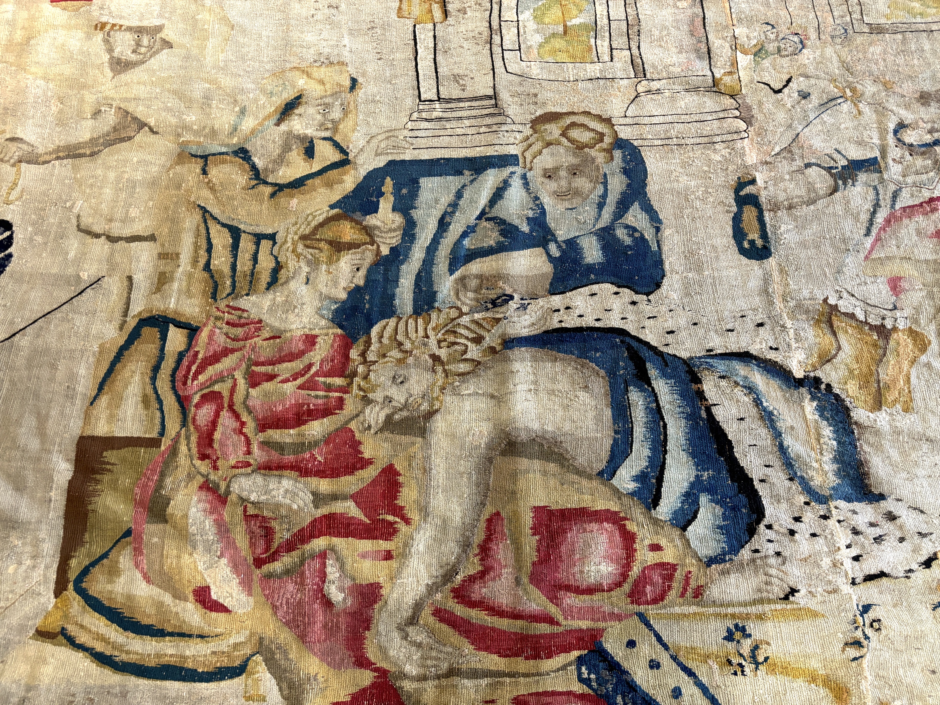 A large mid 17th century Flemish tapestry (possibly Antwerp) depicting Samson sleeping in the lap of Delilah while one of the Philistines is cutting off his locks, after the painting by Rubens. Cut in half, then re joine